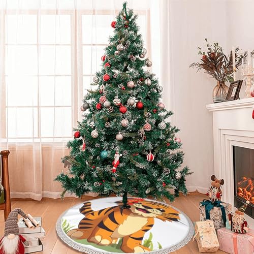 Tapis de sapin de Noël 121cm design tigre à pompons pour décoration chic