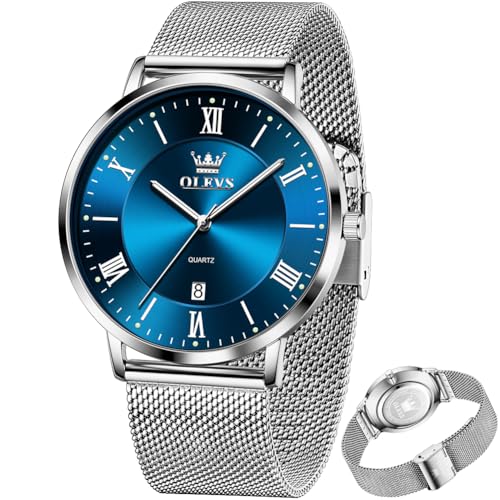 OLEVS Blue Watches for Men Mesh Strap Business Dress Analog Quartz Stainless Steel Waterproof Luminous Date Fashion Men Silver Watch