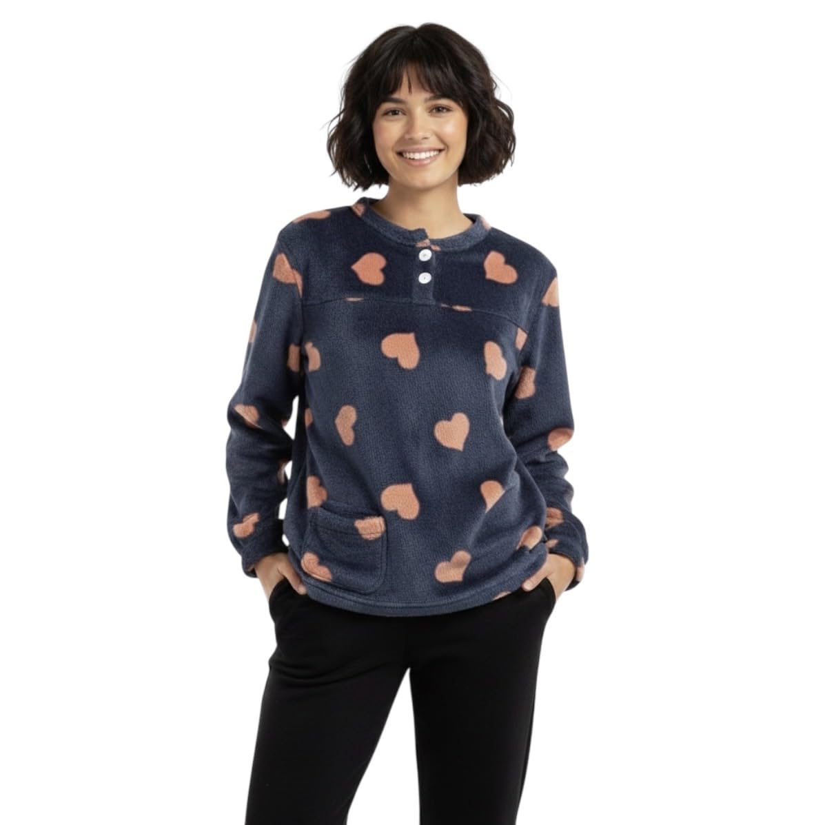 Women Navy Heart Print Fleece Sweatshirt Free Size Bust 41 Inch Warm Winter Top with Pocket and Buttons Night Upper top-image-27