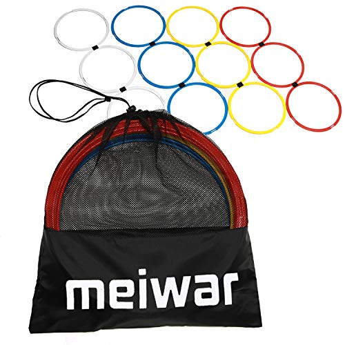 Anelli di coordinazione | Set di 12 cerchi di coordinazione in bianco, giallo, rosso, blu | Anelli di agilità per allenamento negli sport come Calcio, Atletica o per cani | Ruote da fitness con borsa