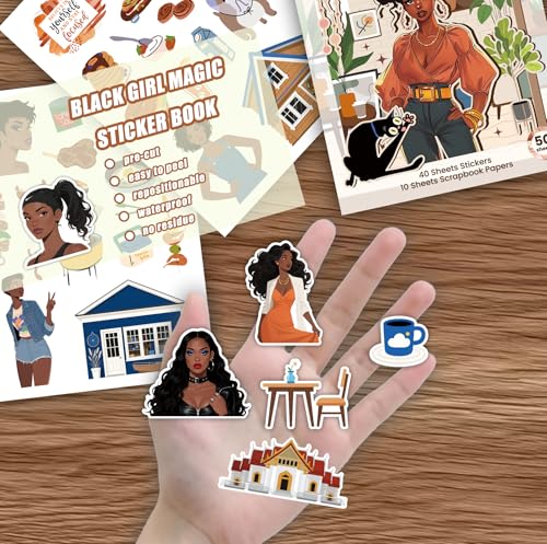 Image of Black Girl Sticker Book, 50 Sheets for Journals and Planners | 40 sticker sheets plus 10 scrapbook papers with Black girl artwork for journals, planners, vision boards and DIY crafts
