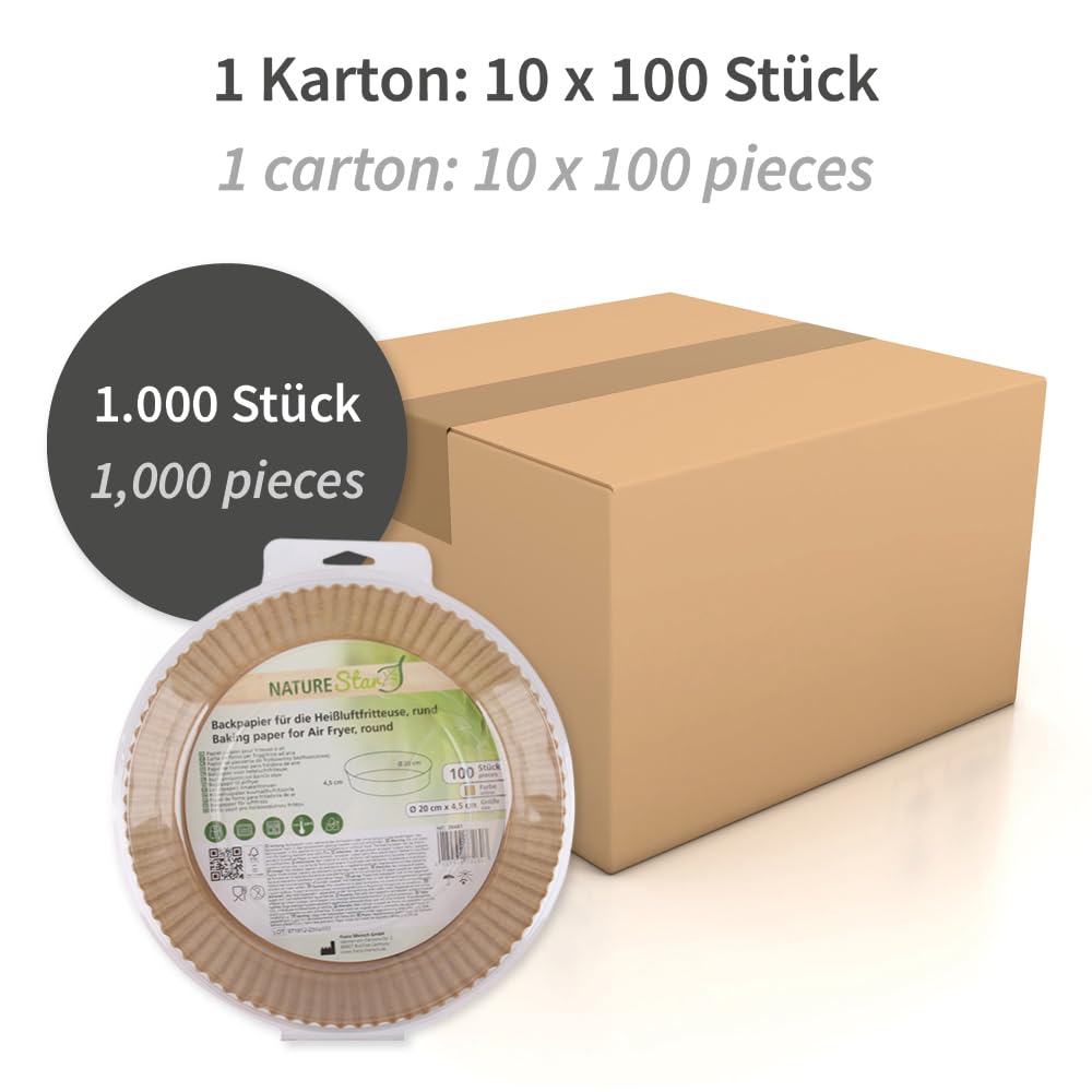 NatureStar Backpapier für Heißluftfritteuse, rund, 1000 Stück, Papier, braun (Ø 20 cm, 4,5 cm, 1000, stück)