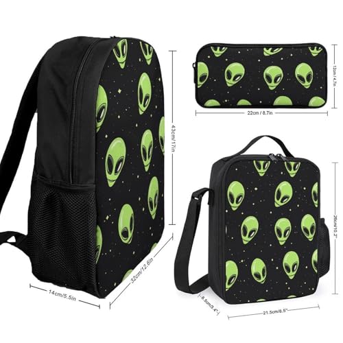 Green Aliens Classic Backpack Lunch Bag Pencil Case 3 Piece Set Travel Daypack2