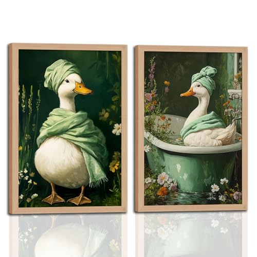 2Pcs wooden Framed Spa Duck Wall Art Canvas Prints, Cute