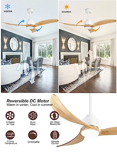 Tfvv 52" Wood Ceiling Fan With Light Dimmable,3 Blades,6 Speeds, Farmhouse Ceiling Fan With Remote Control For Living Room, Bedroom, Patio，Porch(White) #TOP4