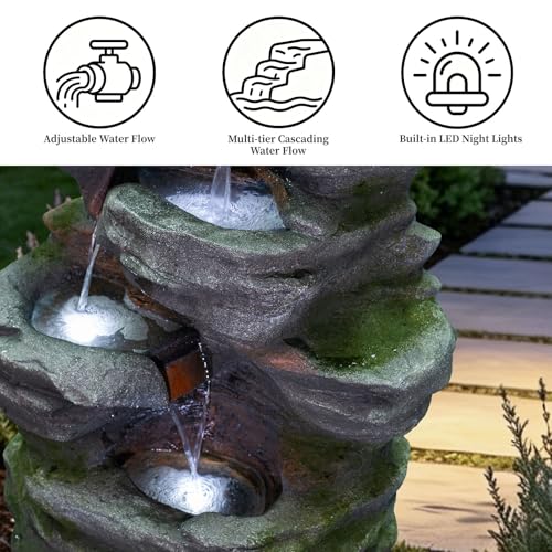 Image of 5-Tier Rock Outdoor Water Fountain, Resin & LED Light, 40.2 in