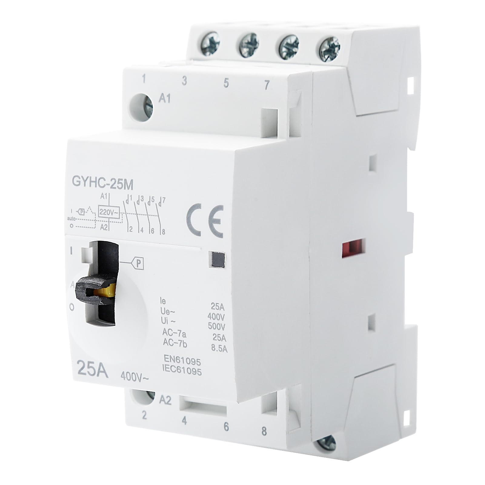 Contattore 400V 3 fasi 4 fili Teleruttore per la casa 4P 25A 4NO ritardante di fiamma ultraleggero e ad alta efficienza modello automatico manuale.