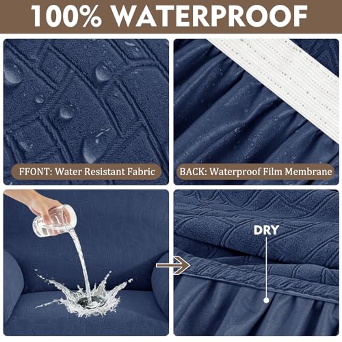 Image of ZNSAYOTX 100% Waterproof Recliner Chair Covers, 3-Piece Stretch Fit Recliner Slipcovers with Buckle & Elastic Band for Lazy Boy, Stay in Place, Soft Plaid Jacquard Protector (Small, Navy Blue)