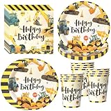 PYAILI Set de 52 piezas tema construcción Platos decorados con excavadoras, vasos y servilletas, para 16 invitados