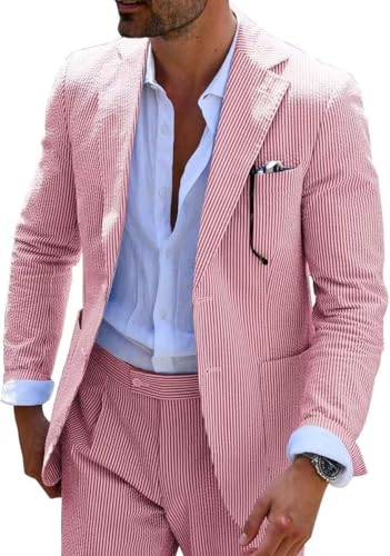 Mrbuerly Mens Seersucker Suits Red Striped Summer Grooms Slim Fit Sear Sucker Suit for Beach Wedding XL