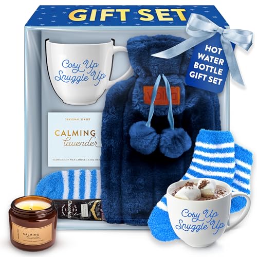 Hot Water Bottle Gift Set - Blue Hot Chocolate Gift Set with Mug, 1.5L Hot Water Bottle, Fluffy Socks, Scented Candle and Cocoa Powder - Xmas Gifts for Women - Christmas Gifts for Her