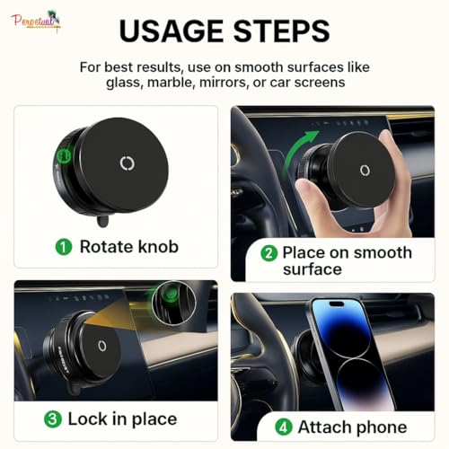 Image of Pereptual 360 Magnetic Car Phone Holder - Vacuum Suction Cup Mount, Hands-Free Phone Stand for Car, Gym, Mirror & Shower, Universal Mobile Compatibility (Non-Extended)