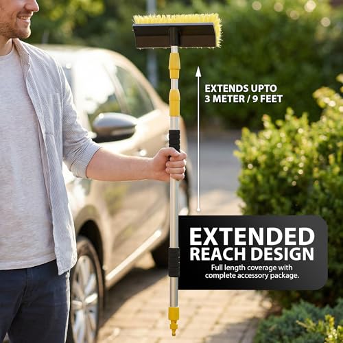 ZENO Telescopic Cleaning Brush | 3 Meter / 9 Feet Extending Window Cleaning Pole | Telescopic Window Cleaner | Washing Kit with Squeegee & Soft Bristle Brush | Ideal for Cars, Vans & Windows - Image 2