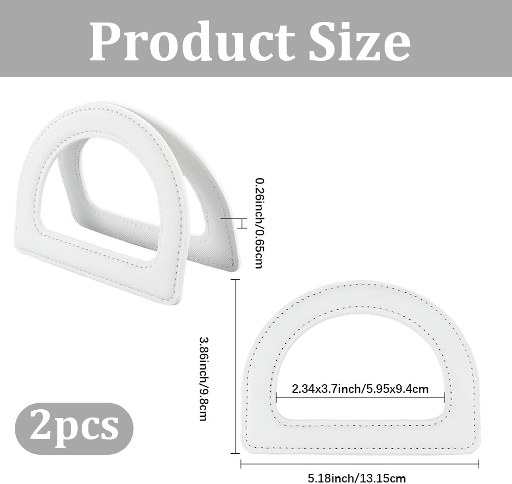 Beebeecraft 2Pcs D-Shaped Purse Replacement Handle PU Leather Oval Shaped D Ring Bag Handles for Handmade Beach Bag Straw Handbags (White)