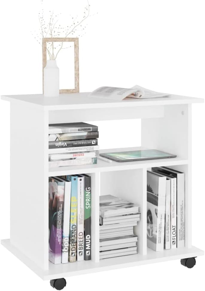 Modern White Engineered Wood Rolling Storage Cabinet with Lockable Wheels and Two Shelves for Office Home Workspace Organization