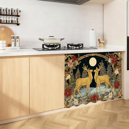 Image of Self Adhesive Golden Deer & Full Moon Cabinet Curtain for Mother's Day, 39x28 Inch Celestial Forest Under Sink Skirt No Drill, Spring Cleaning Kitchen Decor, Hook and Loop Laundry Valance