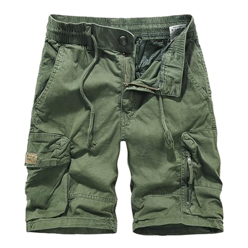 Pantaloni cargo da uomo, corti, da uomo, in cotone, bermuda estivi, con chiusura lampo, da lavoro, da trekking, al ginocchio, da caccia, verde militare, 37