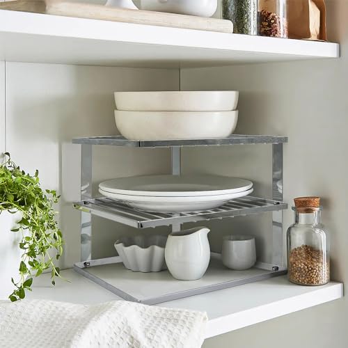 joeji's Kitchen 3 Tier No-Wobble Plate Rack for Kitchen Cupboard Storage - Corner Plate Rack Cupboard Shelf Organiser 25x25x19cm - Silver - Image 7