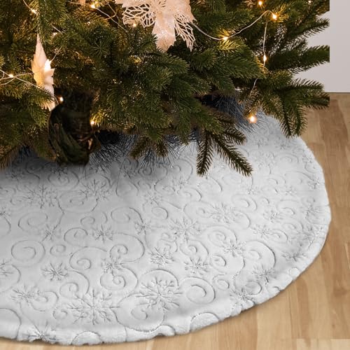 Amidaky Christmas Tree Skirt 30 inch Silver Christmas Tree Skirt Embroidered Sequins Faux Fur for Xmas Holiday Home Party Decorations