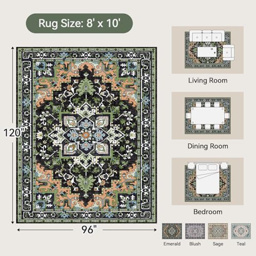 Lofus 8x10 Area Rugs, Large Area Rug for Living Room, Floral Washable Area Rug for Bedroom, Office, Dining Room, Non-Slip Vintage Boho Rug, Low-Pile Soft Carpet, Traditional Oriental Style, Dark Green