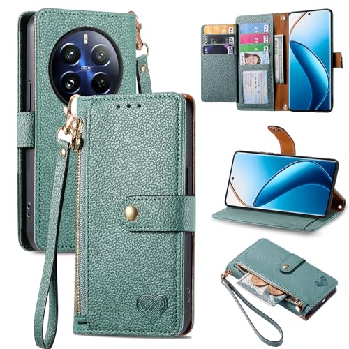 Jiajihua Cover Compatible with Huawei Mate 50,Compatible with Huawei Mate 50 Lanyard【Zipper Wallet】【7 Card Slots】【Flip Stand】【Magnetic Buckle】 Green
