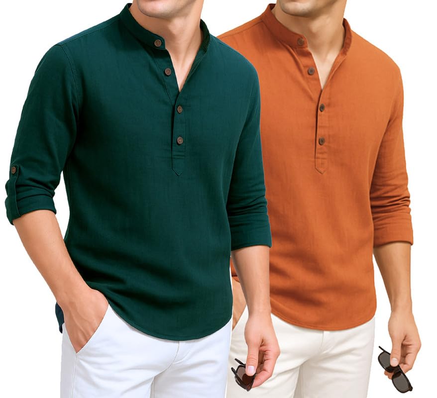 Combo of Men's Cotton Blend Solid Regular Fit Full Sleeve Short Kurta | Men's Trendy Short Kurta Pack of 2