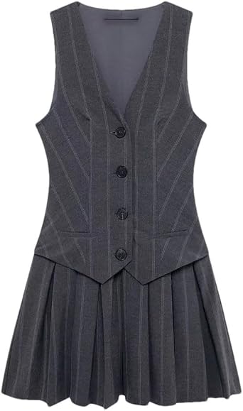Dbdkejj Womens 2 Piece Summer V Neck Sleeveless Single Breasted Pocket Slim Fit Suit Vest With Pleated Skirt Set