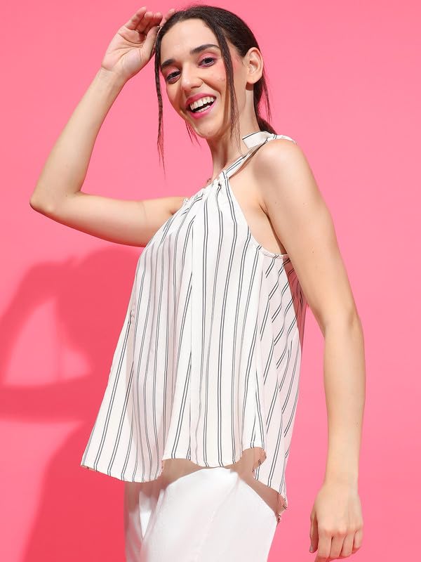 Image of oxolloxo Women Stripe Print Round Neck Shoulder Strap Tie-Knot Detail Sleevless Nightwear Top