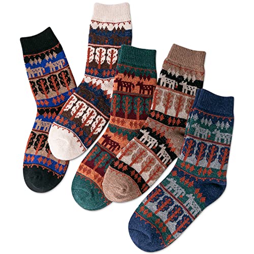 Image of IIG 5 Pairs Women's Vintage Style Thick Wool Warm Winter Crew Socks