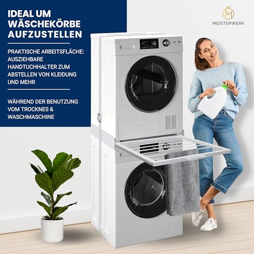 MEISTERWERK - Zwischenbaurahmen mit ausziehbarem Handtuchhalter - (EU ZERTIFIZIERT) Verbindungsrahmen für Waschmaschine & Trockner - Zwischenbausatz mit Handtuchhalter