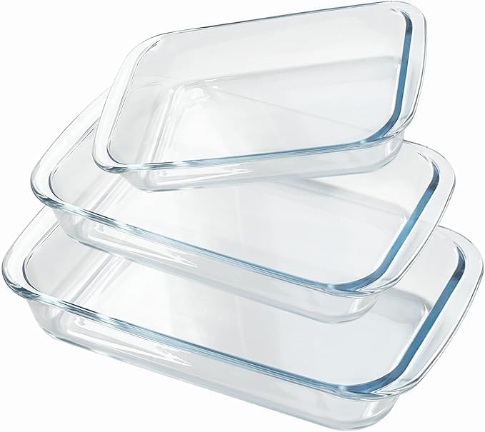 LEOMORD Borosilicate Glass Baking Dish Set, Rectangular Serving Trays, Transparent, 1000/1600/2200 ML Capacity, 3-Piece Set with Ergonomic Handles