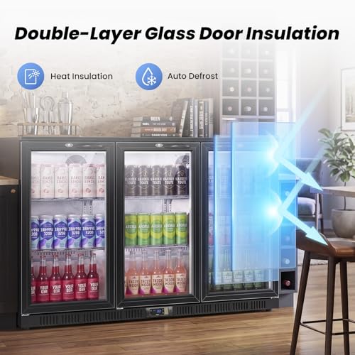 Image of 53.15 inch W Commercial Under Counter Beverage Refrigerator, 3 Glass Door Back Bar Cooler, Built-in /Freestanding 12Cuft Drink Fridge with LED Light, Auto Defrost, Low-E Glass & Safety Lock, Rebound door