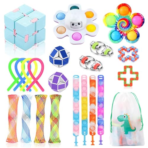 22 Pcs Fidget Toys Pack for Kids and Adults, Sensory Fidget Toys Set Stress Reliever Anxiety Relief Toys, Pop it Bracelet Educational Toys Gifts with Storage Bag for Birthday Party Favour Bag