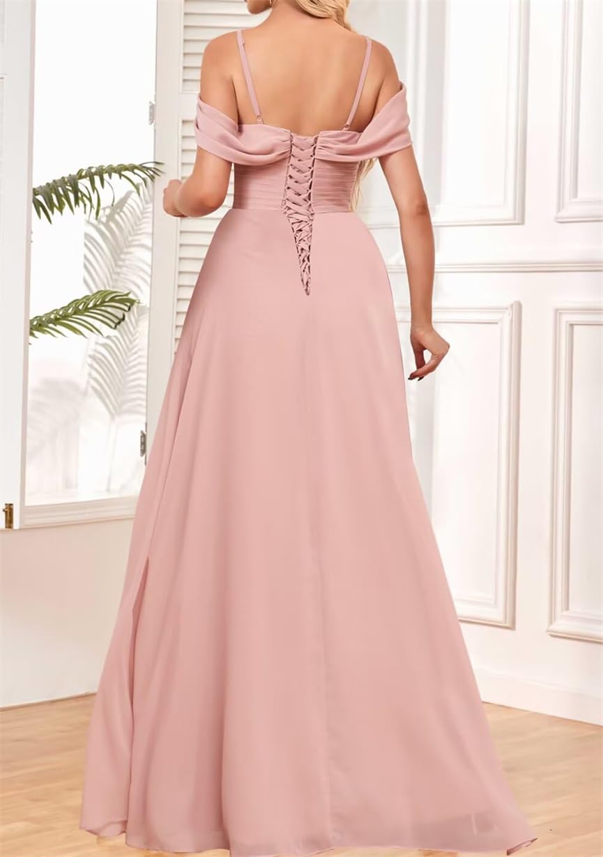 Vestidos de dama de honor con hombros descubiertos para boda, tirantes delgados, gasa, formal, fiesta de noche, maxivestido con abertura AH166