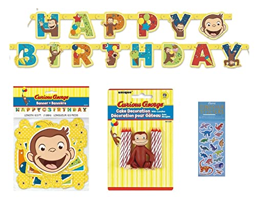 Curious George Cake Topper & Birthday Candle Set and Happy Birthday Banner (combo pack)