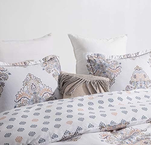 Sleepbella Duvet Cover Queen Size, 600 Thread Count Cotton Yellow & Blue Damask With Taupe Brown Reversible Pattern White Comforter Cover Sets, Bedding Set 3Pcs (Queen, White Damask) #TOP2