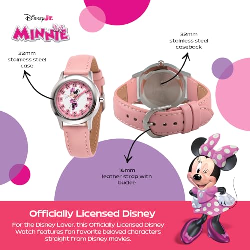Disney Minnie Mouse Watch for Girls – Cute Minnie Watch for Kids 3-5 with Stainless Steel Bezel & Pink Leather Strap – Adorable Mouse Watches Toddlers & Young Girls – Gift for Fans3