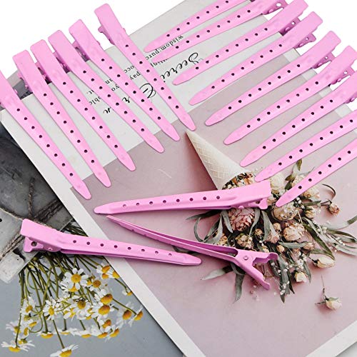 24 Packs Duck Bill Clips, Bantoye 3.35 Inches Rustproof Metal Alligator Curl Clips With Holes For Hair Styling, Hair Coloring, Pink #TOP4