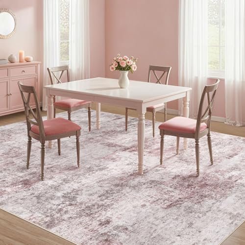7x9 Area Rug Living Room Rugs - Washable Neutral Modern Abstract Soft Thin Large Rug Indoor Floor No Slip Rug Carpet for Bedroom Under Dining Table Home Office Decor - Pink