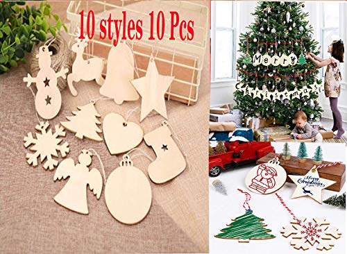 10pcs Wooden Christmas Ornaments Unfinished Wood Slices with Holes for Kids DIY Crafts Centerpieces Holiday Hanging Decorations, 10 Styles