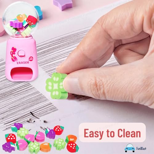FunBlast Machine Eraser Set – 15 Pcs Fruit Shaped Eraser Dispenser Toy, Mini Kawaii Erasers for Kids, Fancy Erasers for School & Office, Stationery Supplies, Birthday Return Gift for Kids (Pink) - Image 9