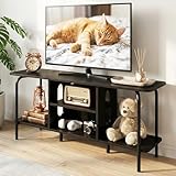 Meuble TV 120 cm de Longueur, Meuble Tele avec 4 Espaces de Rangement Ouverts, Meuble Télé Bois, Structure en Acier Solide，2 Pieds Centraux Réglables, Meuble TV aux Coins Arrondis (Noir Brunâtre)