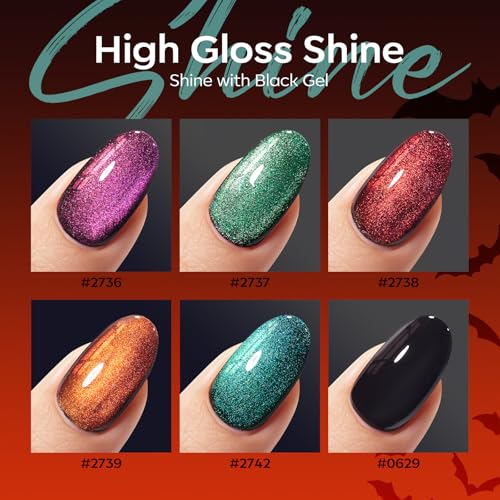 Image of Modelones Cat Eye Gel Nail Polish, 6 Colors Halloween Red Green Purple Orange Blue Gel Polish Set with Magnet Nail Stikers Glitter Nail Polish Kit Black Base Soak Off Led Nail Art Manicure Salon DIY