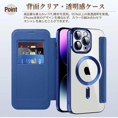 [La Momo]iPhone 14/13 ケース 手帳型 クリア 3カード収納 マグセーフ ワイヤレス充電対応 背面 透明 財布型 カード入れ PU革 レザー アイフォン スマホケース 軽量 薄型 防塵 耐衝撃 全面保護 スマホカバー おしゃれ