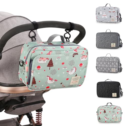 Hooolee Organizer per passeggino, universale, accessorio per passeggino, con tracolla, portatile, grande capacità per pannolini, giocattoli, telefoni cellulari e altri oggetti per bambini, unicorno