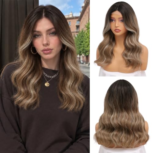 Ash Brown Balayage Wig for Women, 18 Inch Middle Part Wavy Synthetic Wig