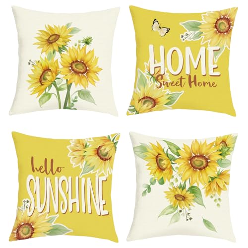 Joymaison 18x18 Set of 4 Sunflower Yellow Floral Throw Pillow Cushion Cover