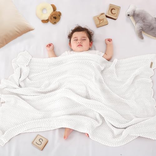 Image of Cotton Knitted Baby Blanket - Neutral Swaddle Receiving Blanket for Newborn, Toddler, Boys & Girls, Crib or Stroller Blanket with Gift Box, 31x40 Inch (White)