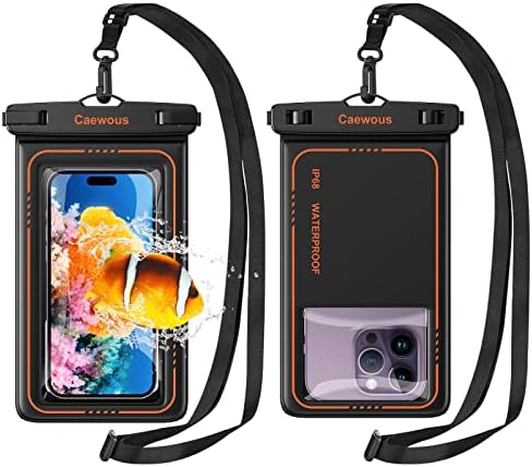 Caewous [2 Pcs] Waterproof Phone Pouch Floating [20X Super Buoyancy] IP68 Waterproof Phone Case for iPhone, Samsung, Google Up to 7”, Waterproof Dry Bag with Lanyard for Vacation Travel, Black Orange