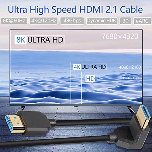 8K HDMI 2.1 Câble court,270 Degré vers le haut Angle 1FT/0,3M Ultra Haute vitesse 48Gbps HDMI Support de câble mâle à mâle 8K@60Hz, Dynamique HDR,HDCP 2.2 et 2.3, eARC (UP)